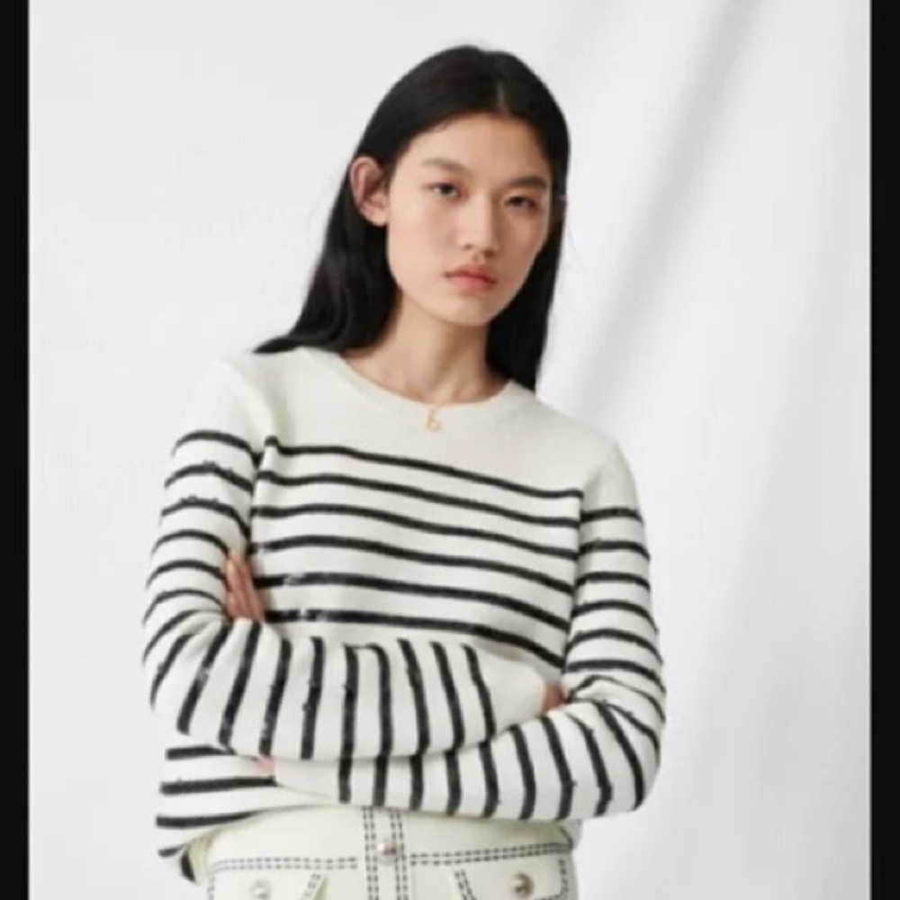 Maje Mystrip Sequined Striped Sweater Ecru Black Wool Blend Size 1 Small Women's